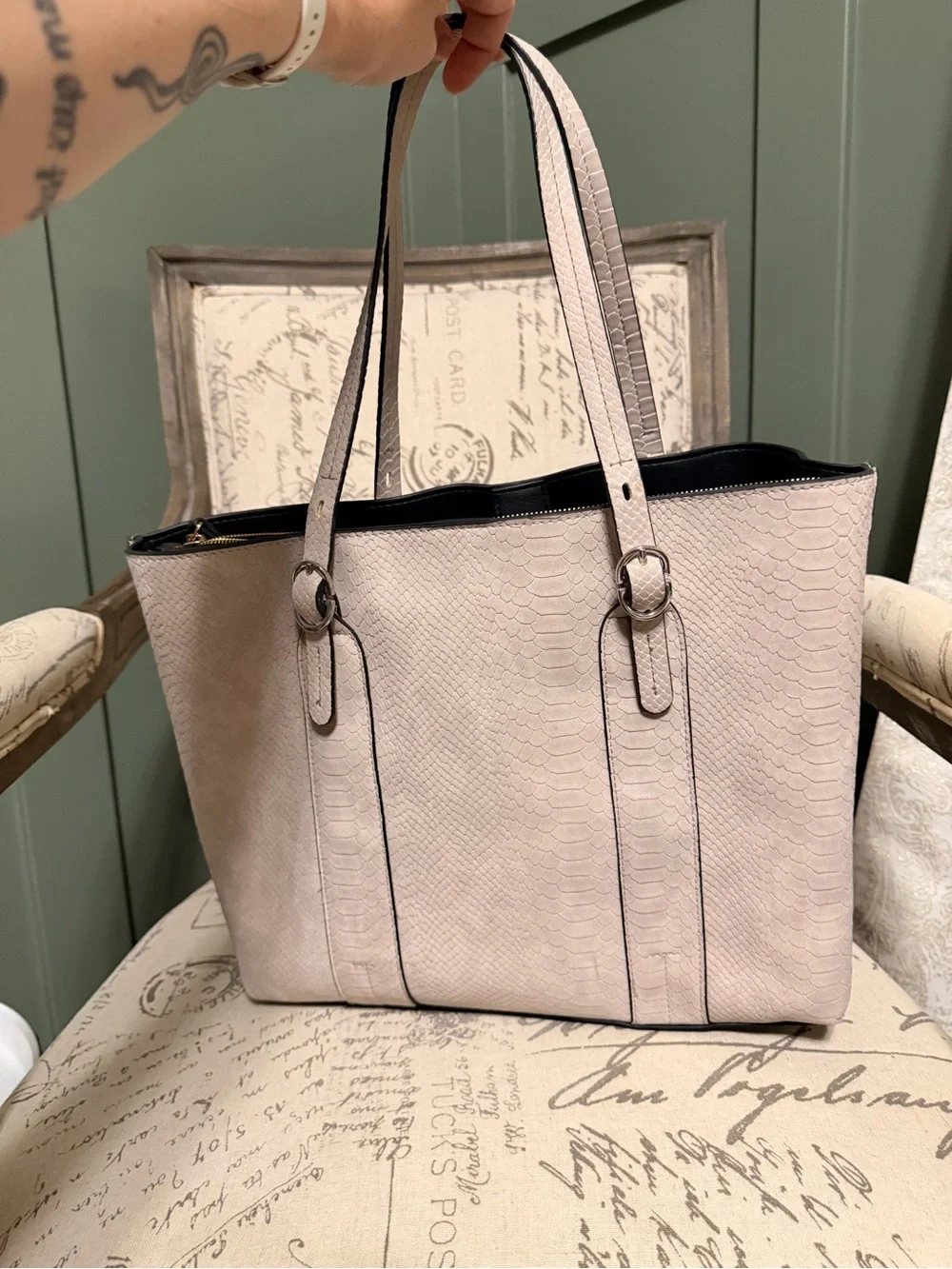 Alfani Python Textured Tote Bag in Light Blush Pink/Taupe